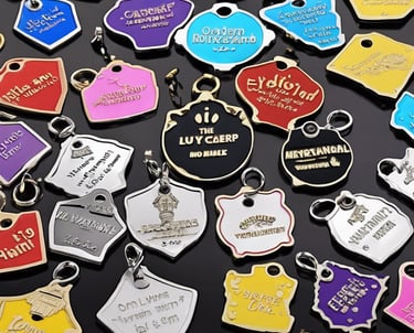 Custom engraved pet identification tags available in multiple styles and colors.