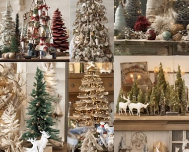 An indoor craft fair is taking place in a hall, decorated with greenery and holiday wreaths on the walls. Various vendors have set up tables displaying handmade crafts, including wooden decorations and woven items. People are browsing and interacting with the vendors, creating a warm and festive atmosphere.