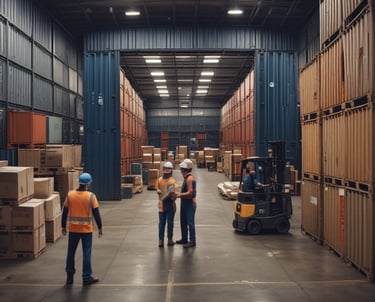 man in black jacket standing in front of red and blue intermodal containers