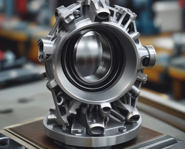 Close-up of a mechanical component with circular grooves and a row of metallic rivets. The image displays intricate details and textures, emphasizing the precision in engineering. Warm lighting highlights the metallic tones, adding depth and contrast to the scene.