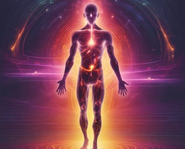 A group of people sit cross-legged on yoga mats in a meditative pose with palms together, suggesting a meditation or yoga session. The setting appears to be indoors with a patterned carpet and soft lighting.