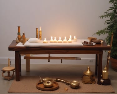 A person is seated in a calm, meditative posture on a mat, with three golden singing bowls placed in front of them. A wind chime made of bamboo is suspended, adding a serene ambiance to the scene. The individual is dressed in black athletic wear.