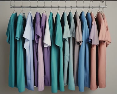 A collection of colorful scrubs displayed on hangers.