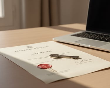 Escritura, llave y portátil sobre mesa con luz mediterránea.