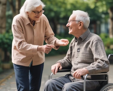 A brick building surrounded by lush greenery and vibrant flowers. The entrance is adorned with a sign reading 'Munro & Crawford, Barristers & Solicitors' and 'Notaries Public'. The address '5670 Yew Street' is displayed on a separate sign. There is a variety of foliage, including a large tree and shrubs with red and yellow flowers. A person is seated on a bench near the entrance, partially obscured by the plants.