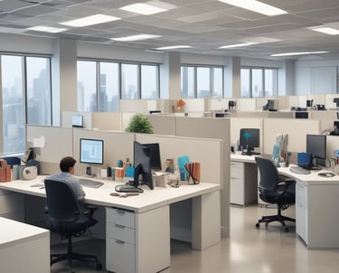 few cleaners working at the office cleaning up the cubicles and desk