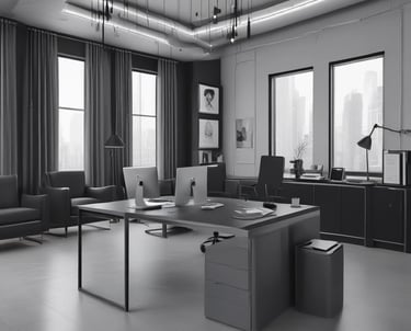 A luxurious office setting with financial documents and a laptop.