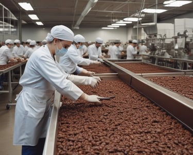 A large warehouse with high ceilings and bright lighting contains a neatly organized section of Nestlé chocolate products. Stacks of red and brown packaging are prominently displayed on shelves and pallets. Promotional signs and banners advertising the chocolate collection are visible.
