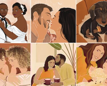 Illustrations portraits personnalisés : couple, famille, anniversaire, mariage, noël, idées cadeaux