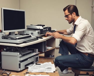 Close-up of printer parts being serviced by a technician.