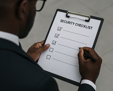 a man in a suit and tie is holding a clipboard with a checklist