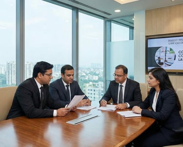 Corporate lawyers at Harsh Malik Law Offices in a strategic board meeting.