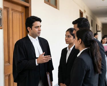 Harsh Malik Law Offices advocates discussing a case in court hallway.
