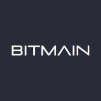 Official Bitmain logo with white minimalist typography on a dark background for cryptocurrency mining hardware.