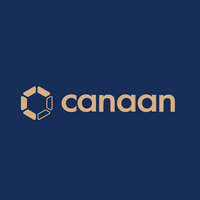 Canaan logo featuring a gold hexagonal icon and lowercase typography on a dark blue background.