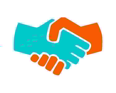 Teal and orange handshake icon representing a business partnership and agreement.