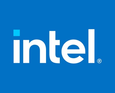 Official Intel logo in white text with a light blue dot on a solid blue background.