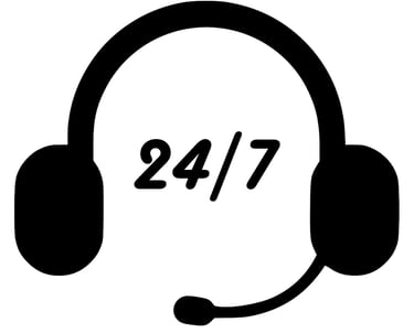 Black 24/7 customer support icon featuring a headset with a microphone for around-the-clock service.