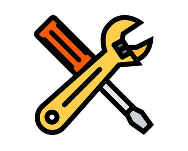 Flat line icon of a crossed orange screwdriver and yellow wrench for repair and maintenance services.