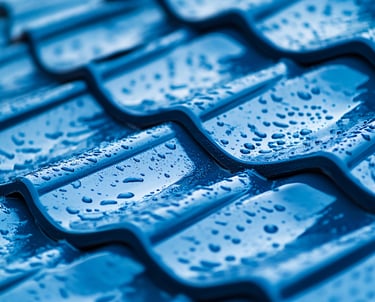 Gros plan sur des tuiles mouillées, couvertes de gouttes de pluie après un traitement hydrofuge.