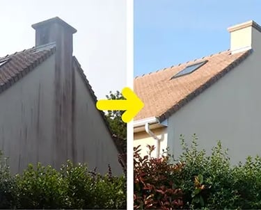 Comparaison avant et après le nettoyage professionnel de la toiture et des murs extérieurs