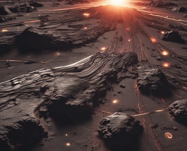 Concept art showing a futuristic spaceship navigating through an asteroid field near Proxima B.