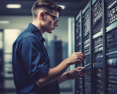 Technician assisting a small business owner with computer setup in Maringá office.