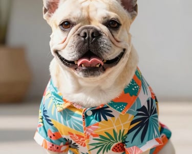 Buldog francés sonriente con una camiseta hawaiana de estampado colorido de hojas de palma tropical