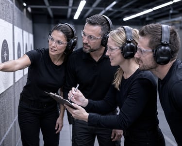 Teammitglieder analysieren das Trefferbild der letzten Übung.