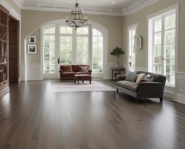 Close-up of a craftsman installing elegant wood flooring in a modern living room.