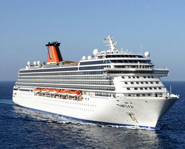 A serene cruise ship sailing at sunset with calm waters and vibrant skies.