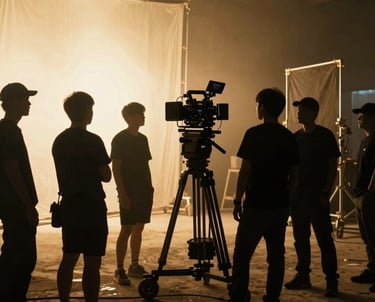 A vibrant behind-the-scenes shot of a film crew capturing an energetic outdoor challenge event.