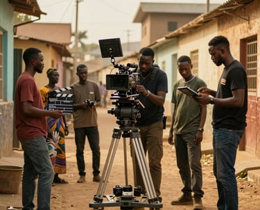 A vibrant behind-the-scenes shot of a film crew capturing an energetic outdoor challenge event.