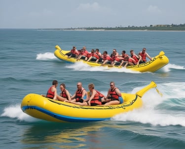 A vibrant speedboat cutting through clear blue waters.