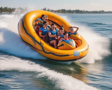 A vibrant speedboat cutting through clear blue waters.