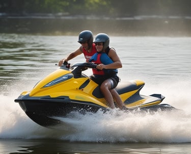 A vibrant speedboat cutting through clear blue waters.