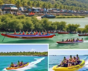 A vibrant speedboat cutting through clear blue waters.