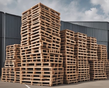 A stack of wooden pallets in a warehouse setting.