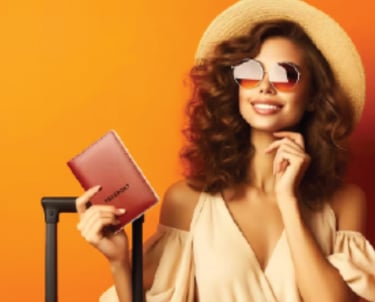 a woman in a hat and sunglasses holding a passport case