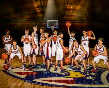 a group of young boys and girls basketball players posing for a photo