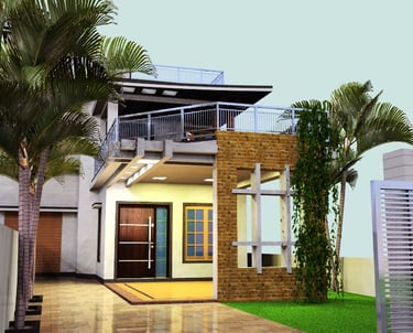 a house with a large palm tree and a house with a balcony