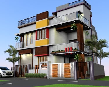 a modern house with a car parked in front of it