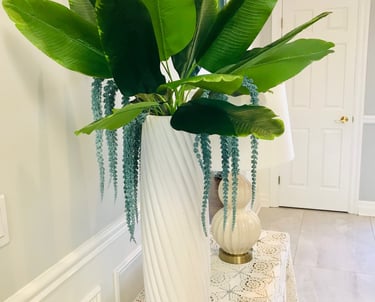 a big green plant and a table lamp in a foyer