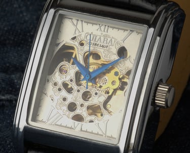 Close up product photograph of a watch on a denim background