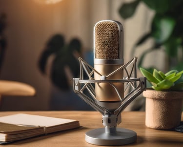podcast microphone on a desk with succulent plant
