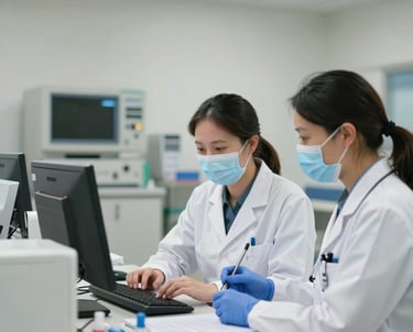 A surgeon is focused on an operation, wearing protective gear including a mask, gloves, and a hair cap. The hands are stained with blood, indicating active involvement in a surgical procedure. Medical instruments are visible, highlighting the clinical setting.