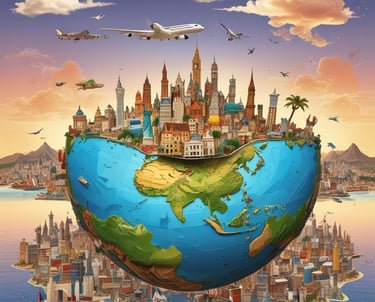 An arrangement of travel-related items including a Sony camera, an open passport with numerous stamps, flight tickets, and a pair of eyeglasses on a wooden surface.
