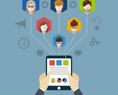 a person holding a tablet with a bunch of people on it