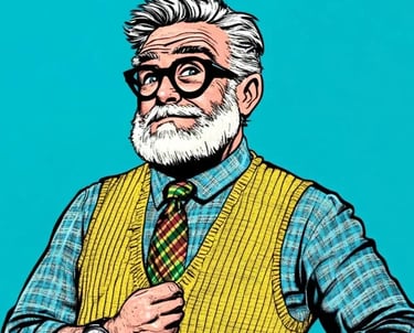 Cartoon of an older man with gray hair and a beard wearing a plaid shirt and yellow sweater vest, in a pop art style.