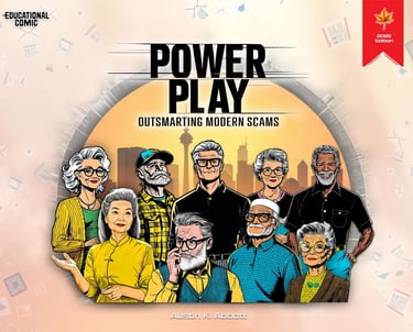 Illustrated book cover titled “Power Play: Outsmarting Modern Scams” showing a diverse group of older adults standing united.